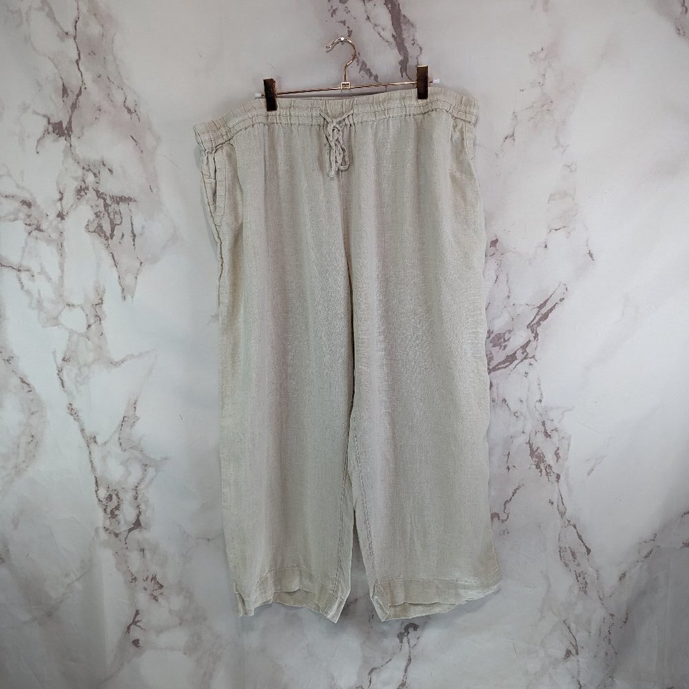 Charter Club Pants Women XXL 2XL Cream Linen Wide Leg Pull On Crop Capri Elastic
